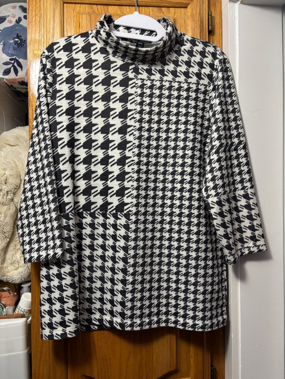 Tribal Black and White Houndstooth Mock Neck Top